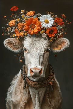 Décoration florale et idylle à la ferme : une vache avec une couronne de fleurs comme incarnation de la beauté rurale sur Felix Brönnimann