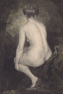 Simon Moulijn, zittende naakte vrouw, op de rug gezien voor een donkere achtergrond, 1914