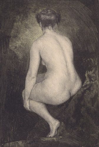 Simon Moulijn, zittende naakte vrouw, op de rug gezien voor een donkere achtergrond, 1914