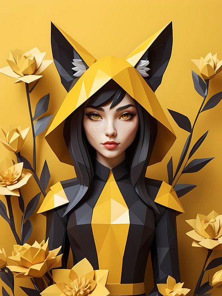Low poly floral fox girl, black and yellow by 1xMerch