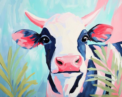 Schwarz-weiße Kuh | Merry Cow in Summer von Blickfänger Gemälde