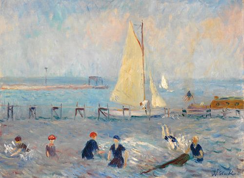 Zeegezicht met zes baders, Bellport, William James Glackens