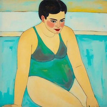 Contemplatieve vrouw in groenblauw badpak