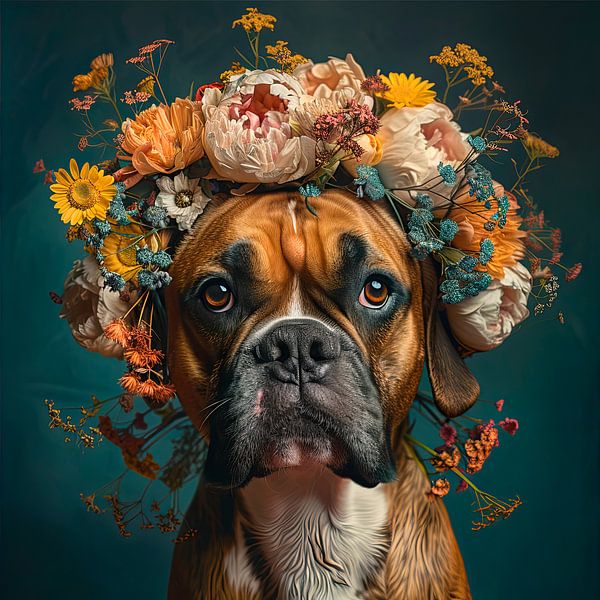 Brown Boxer with wildflowers by Marlon Paul Bruin