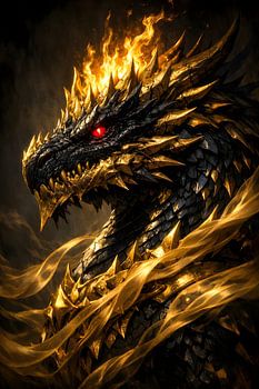 Fire Dragon Head Golden Armor Fantasy Digital Illustration