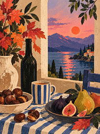 Herbststillleben mit Wein, Feigen und Meerblick von Albert Klee