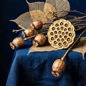 Golden Nature Lotus & Poppy on Blue by Max Steinwald