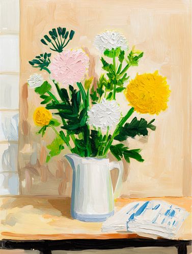 Stillleben mit Blumen und weißer Kanne