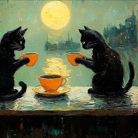 Deux chats prenant le thé sous la pleine lune sur Erika Kaisersot