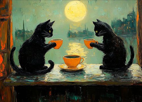 Twee katten drinken thee onder de volle maan