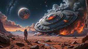 Fantasy Sci-Fi Art Wandbild: NEXUS – Ein abgestürztes UFO auf einem fernen Planeten