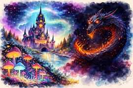 A fairytale scene featuring a castle and a dragon by Linda de Klein