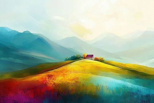 Colline fleurie | Paysage tranquille avec chalet et fleurs