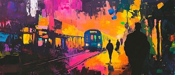 Kleurrijk stadsgezicht met trein van Poster Art Shop