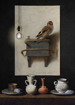 Still Life with Pots and Goldfinch sur Marja van den Hurk