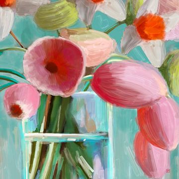 Tulpen festival, een vrolijk bloemen schilderij in mooie pasteltinten. Schilderij met tulpen. van Hella Maas