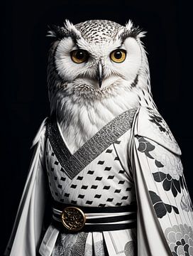 Sneeuwuil Samurai, majestueuze vogelstrijder in traditioneel harnas van Fukuro Creative