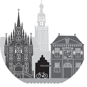 Skyline illustratie stad Gouda zwart-wit-grijs van Mevrouw Emmer