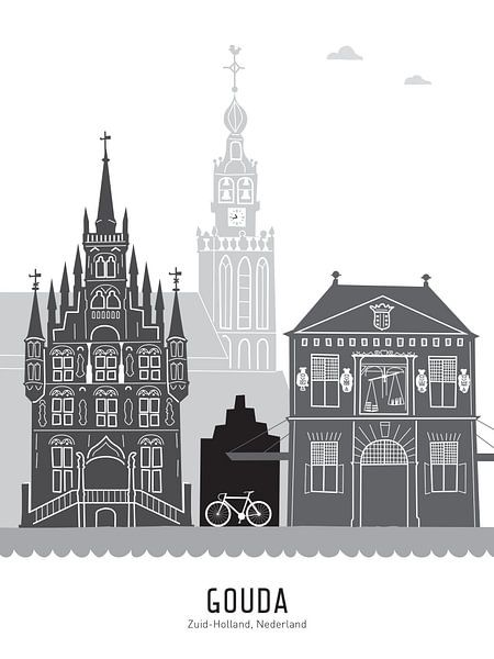 Skyline Illustration Stadt Gouda schwarz-weiß-grau von Mevrouw Emmer
