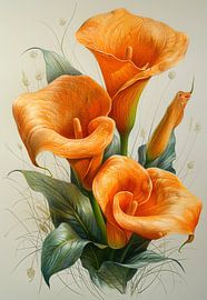 Orange calla lilies with elegant green leaves by Art & Soul Creations