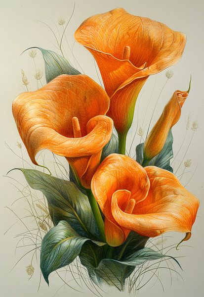 Orangefarbene Calla-Lilien mit eleganten grünen Blättern von Art & Soul Creations
