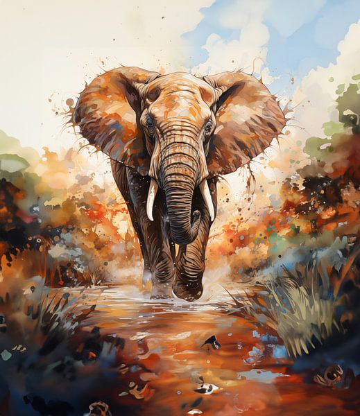 waterverf schilderij van een olifant die door een waterplas loopt van Margriet Hulsker