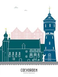 Skyline illustration city of Coevorden in colour by Mevrouw Emmer