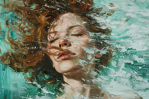 Dynamisch abstract portret in turquoise en bruin