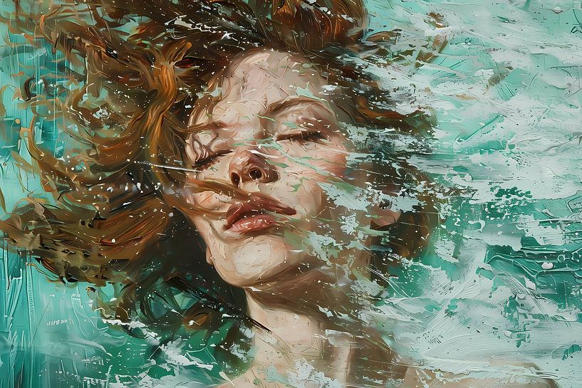 Dynamisch abstract portret in turquoise en bruin van Art & Soul Creations