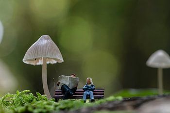 Miniatuurfiguren ontspannen op een bankje onder gigantische paddenstoelen