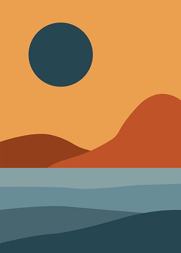 Minimalistische Boho-Landschaftsbilder im Vektorstil mit geometrischen Bergen, Wasser und Sonne.