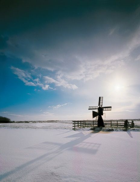 Mühle auf der Wiese im Schnee von Rene van der Meer