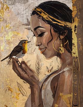 L'amour entre l'homme et l'animal - rouge-gorge sur la main d'une femme africaine sur Emiel de Lange