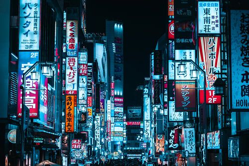 Neon lichten in cyberpunk Tokio van Collin Arts