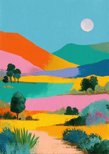 Collines colorées avec pleine lune