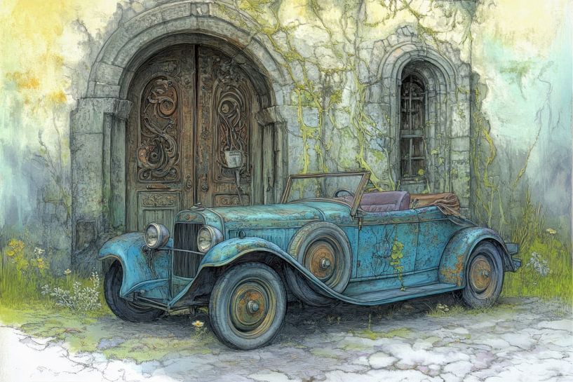 Zeichnung eines alten Cabriolets "Faded Glory" von Peter Pen Zeichnungen und Gemälde