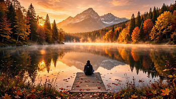 Person, die auf einem Holzsteg sitzt und auf einen nebligen Bergsee im Herbst blickt