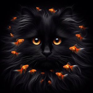 Chat noir avec poisson rouge orange