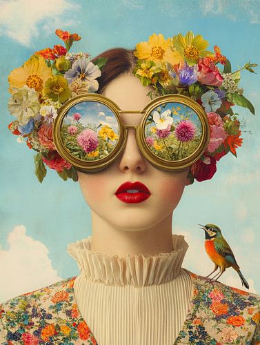 Portrait floral surréaliste avec des lunettes dorées