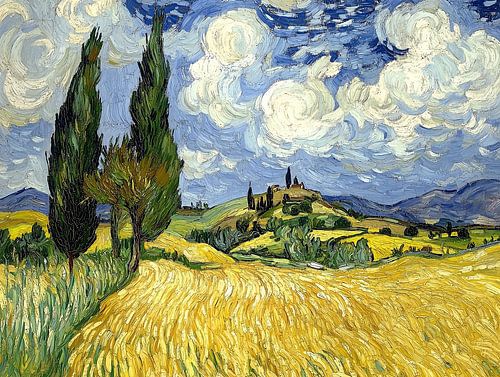 Veld met cipressen. Stijl Vincent van Gogh