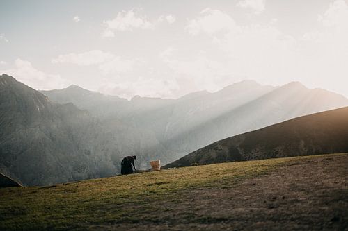 Woman working in the field high in the mountains of Nepal during sunset