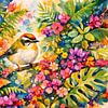 Madeira goudhaantje tussen exotische bloemen (AI) (klein, vogeltje, tropisch, vrolijk, fris, felle, kleuren, druk schilderij)) van Natalie Bruns