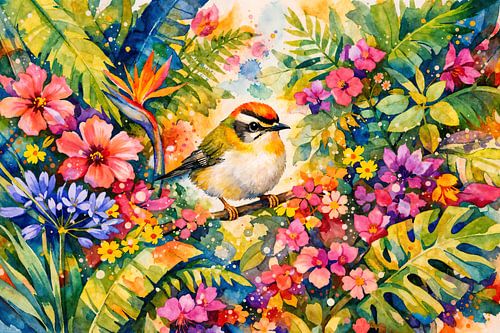 Madeira goudhaantje tussen exotische bloemen (AI) (klein, vogeltje, tropisch, vrolijk, fris, felle, kleuren, druk schilderij))