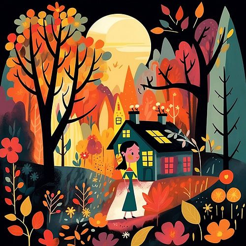 Meisje in bos, herfst stijl Mary Blair