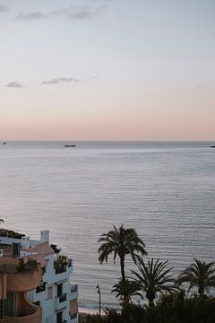 Pastelkleurige zonsopkomst in Ibiza stad met uitzicht op zee en palmbomen
