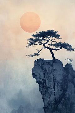 Zen landschap met eenzame boom en rots