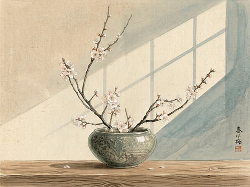 Nature morte « Japandi » : Fleurs printanières dans un pot de fleurs traditionnel