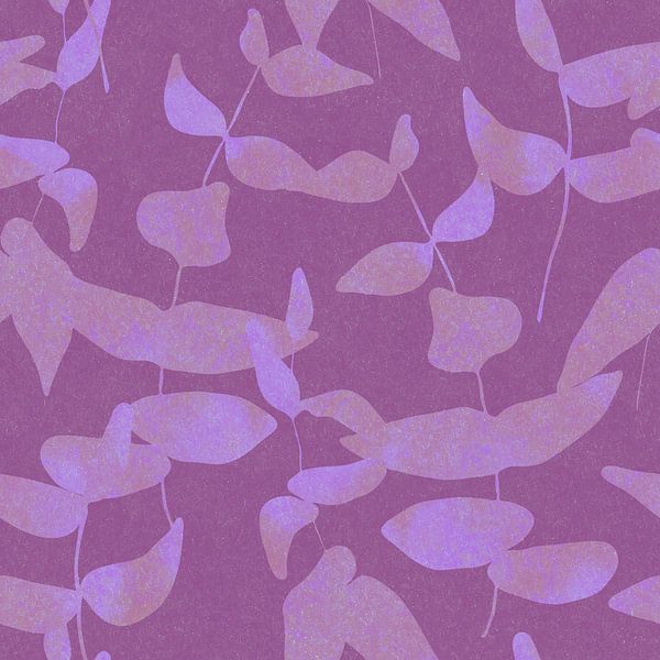 Modern botanical. Leaves in purple and neon dark pink by Dina Dankers