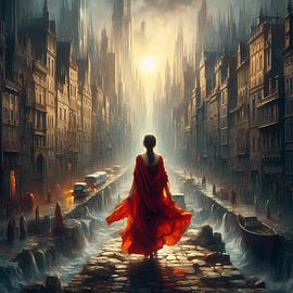 A woman in red cloak in fantastic magic city by Tatjana Korneeva