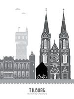 Skyline illustratie stad Tilburg zwart-wit-grijs